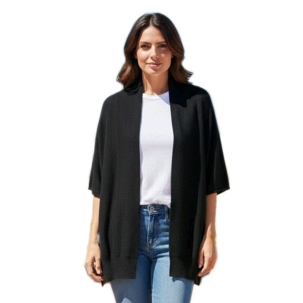 YAYA Cashmere Silk Blend Open‎ Front Cardigan Black Minimalist Quiet Luxury SZ M